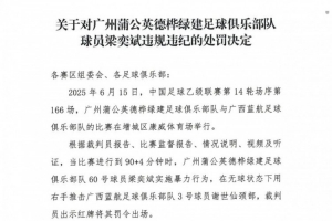 官方：廣州蒲公英球員梁奕斌暴力犯規(guī)，將停賽3場(chǎng)、罰款1.5萬(wàn)