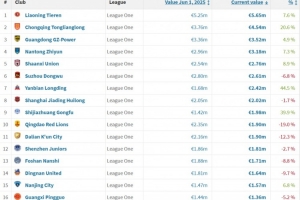 中甲球隊(duì)身價(jià)排行：遼寧鐵人居首 重慶銅梁龍&廣東廣州豹緊隨其后