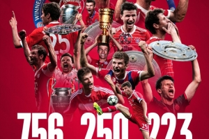 拜仁社媒致敬穆勒：拜仁生涯756場250球223助，33座冠軍獎杯