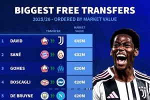 德轉(zhuǎn)列今夏免簽身價(jià)最貴榜：戴維&薩內(nèi)領(lǐng)銜，德布勞內(nèi)&托馬斯在列