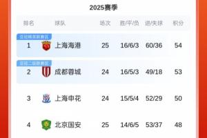 中超積分榜：海港先賽1分領(lǐng)跑！國安3連敗已落后榜首6分