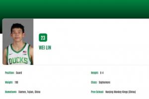 俄勒岡大學男籃官網(wǎng)：林葳年級為大二 身高1米93&體重86公斤