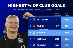 哈蘭德進(jìn)球占比全隊(duì)57%五大聯(lián)賽第3高，姆巴佩54%、凱恩47%