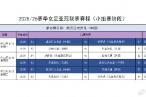 武漢女足亞冠小組賽賽程確定，比賽11月17日-23日在武漢進行