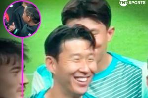 可愛(ài)對(duì)陣巴拉圭合影環(huán)節(jié)，孫興慜與SONNY發(fā)型的小球迷打招呼