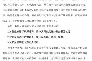 辱罵裁判被罰下！青島西海岸官方：對(duì)張呈棟“三?！?，罰款5萬