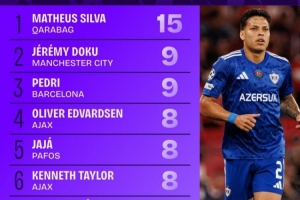 本賽季歐冠被犯規(guī)榜：馬修斯-席爾瓦15次第一，多庫佩德里列二三