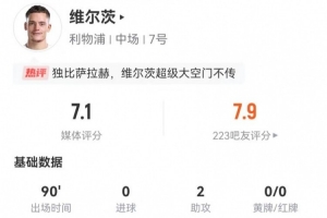 維爾茨本場2助攻+4關(guān)鍵傳球 15丟失球權(quán) 8對抗2成功 獲評7.1分