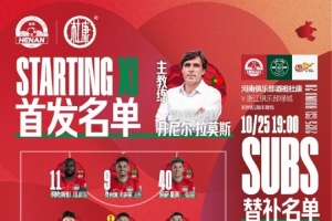 2025華潤飲料中超聯(lián)賽第28輪 河南VS浙江 首發(fā)及替補(bǔ)隊員名單