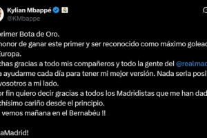 榮獲歐洲金靴！姆巴佩社媒：感謝隊(duì)友、皇馬的每一個(gè)人和皇馬球迷