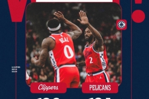 壓哨絕殺的NBA杯首勝！快船贏球海報：比爾和小卡擊掌慶祝