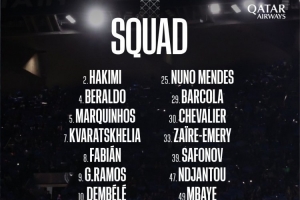 巴黎對陣拜仁大名單：登貝萊、阿什拉夫領(lǐng)銜，扎巴爾尼、杜埃缺席